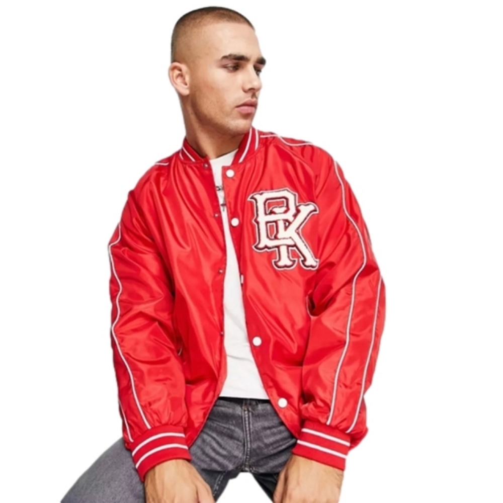 NWT Bershka Men's Red White Varsity Jacket Nylon Lightweight Snap Closure M